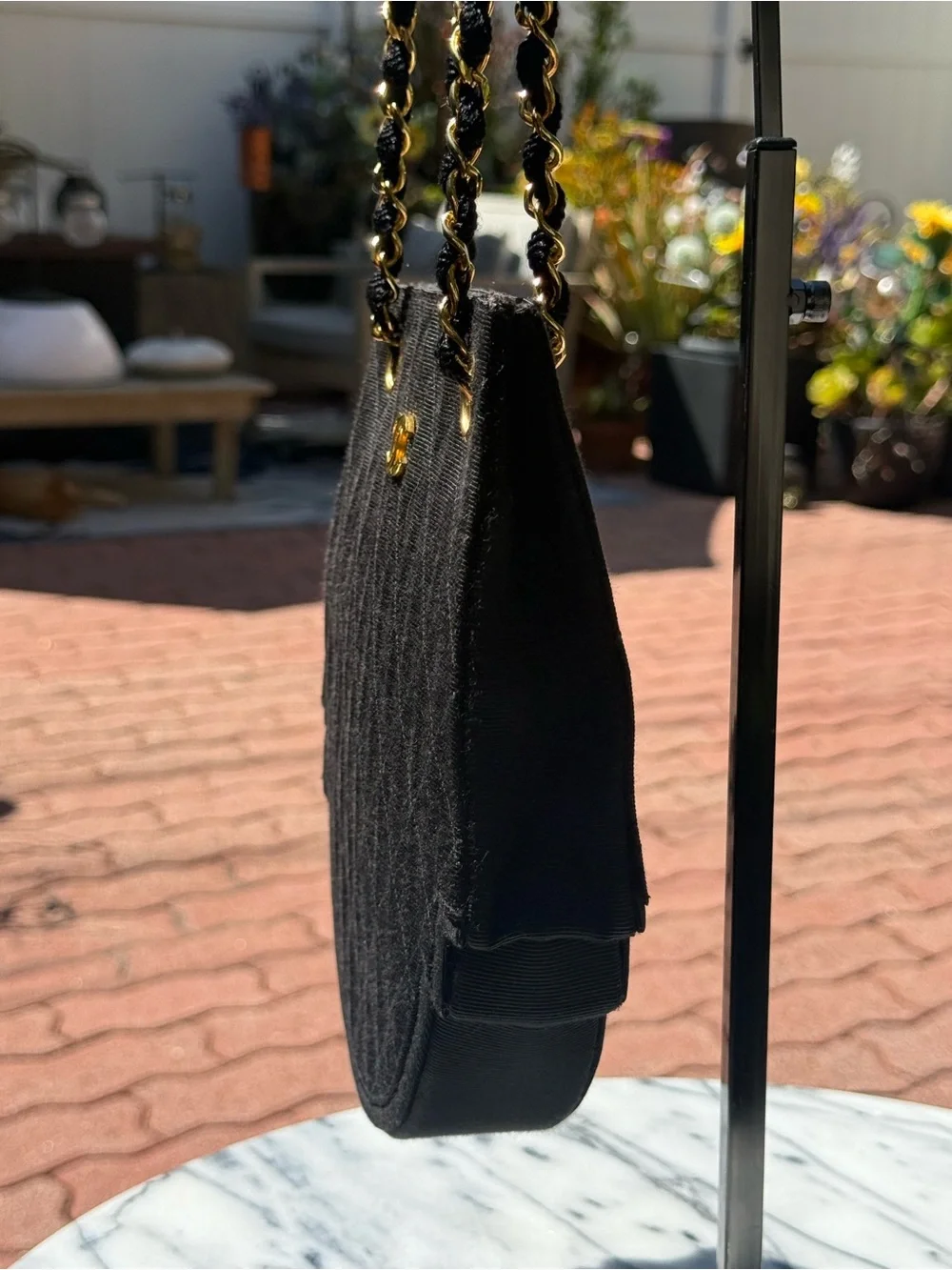 CHANEL Black Quilted Canvas Shoulder Bag with Gold Chain and CC Logo 1986-1988
